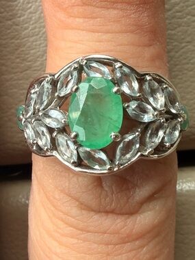 Natural Green Emerald and White Topaz Halo Ring Sz8